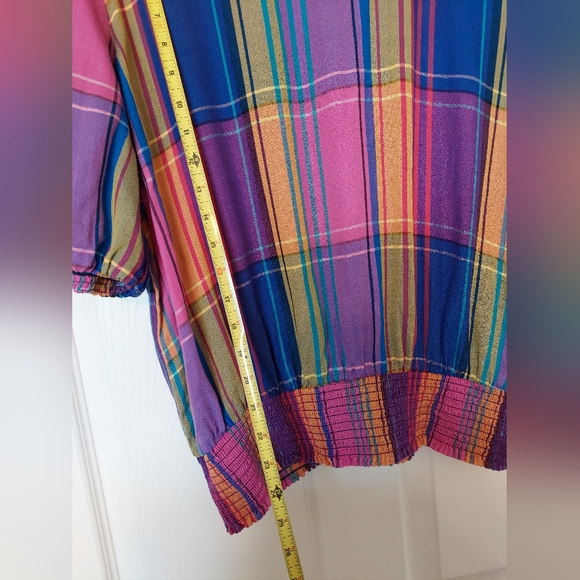 Ann Taylor Womans SZ XL Cinch Bottom Waiste Pastel Plaid Cinch Sleeve Blouse - Picture 4 of 9